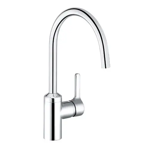 Hochglanzverchromter Wasserhahn von Kludi mit gebogenem Auslauf und seitlichem Hebel zur Steuerung des Wasserdurchflusses, geeignet für Küchenanwendungen.